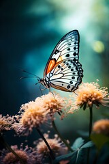 Obraz premium Butterfly on flowers. Summer garden. Macro shot. Spring nature concept. Springtime beauty. Design for banner, poster