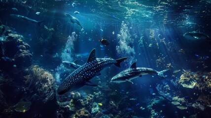 Underwater Marine Ecosystem - Majestic whale sharks glide through a vibrant coral reef teeming with marine life, illuminated by shafts of sunlight.
