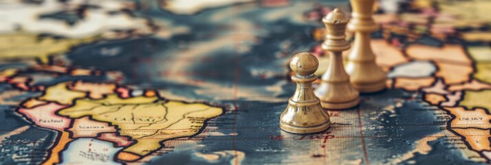 Global Strategy Game - Chess pieces on a world map, symbolizing global strategy, geopolitical games, and international relations.