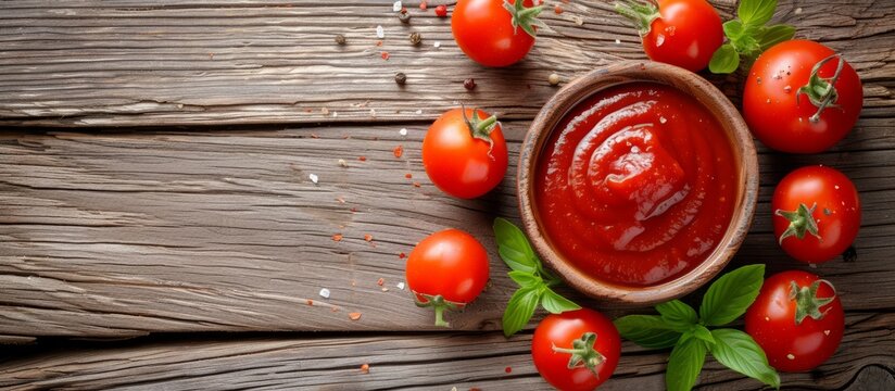 Fresh tomatoes and homemade ketchup served in a bowl, placed on a rustic wooden table, showcasing the vibrant colors and natural flavors of these plantbased ingredients