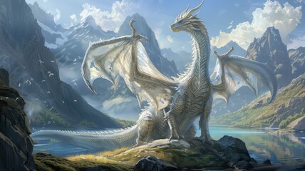 Majestic Mountain Dragon - An artwork of a dragon perched atop a mountain, a powerful symbol of fantasy and mythical strength.