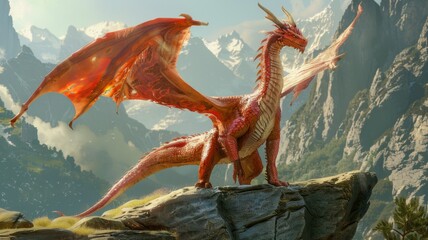 Crimson Dragon Fantasy - A crimson dragon spreading its wings on a rocky outcrop, a vivid embodiment of fantasy and mythical adventure. - obrazy, fototapety, plakaty