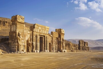 Fototapeta premium Ancient Desert Temple Ruins - Majestic ancient ruins in a desert, clear sky above