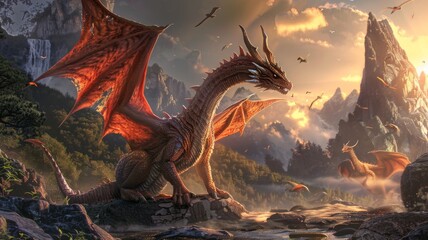 Fierce Dragon Encounter - A fearsome dragon in an enchanted land, a portrayal of the thrilling encounters found in fantasy tales.