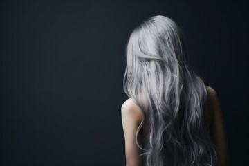 Rear view of a girl with flowing long gray hair, care and hair care concept - obrazy, fototapety, plakaty