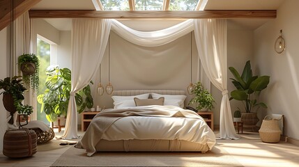 Tranquil modern bedroom design with a canopy bed and a large skylight above, allowing stargazing from the comfort of the bed, Scandinavian style