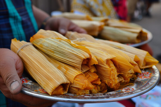 close-up of a man carrying tamales on a tray