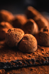 Chocolate truffles covered with cocoa powder on black table.