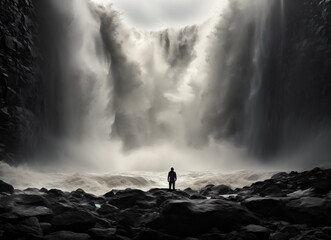 tourist at the foot of a huge waterfall - obrazy, fototapety, plakaty