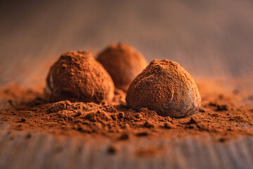 Chocolate truffles covered with cocoa powder on wooden table.