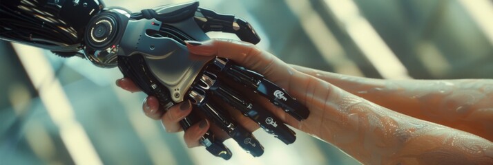 Human and Robot Hand Connection - A human and robotic hand in a symbolic gesture of connection and technological advancement - obrazy, fototapety, plakaty