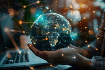 Digital Global Connectivity - Person holding a glowing earth, symbolizing global communication and network - obrazy, fototapety, plakaty