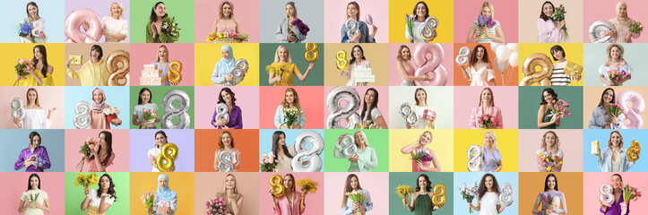 Big collage of beautiful women celebrating International Women's Day