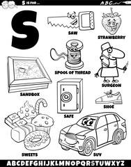 Letter S set with cartoon objects and characters coloring page