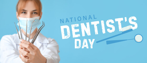 Female dentist with tools on color background