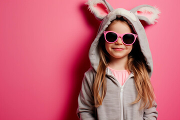 Happy cute seven year old girl wearing a bunny suit on a pink background