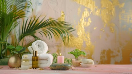 Beauty treatment items for spa procedures on pink wooden table and gold marble wall. massage stones, essential oils and sea salt. candle, rolled up white towel, plants, copy space