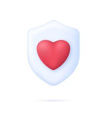 3D Heart on shield icon. Single heartbeat, cardiogram. Medical healthcare concept. Heart protect