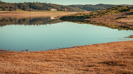 Landscape of the Pego do Altar Dam Reservoir in Santa Susana Alentejo Portugal nature travel rural Tourism - 741020577
