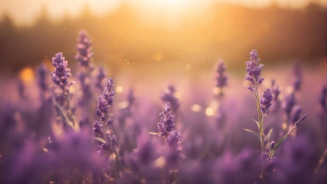 Lavender field in morning sunlight, beautiful nature photo bokeh background