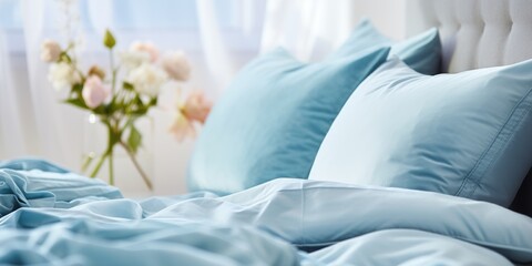 Fototapeta na wymiar Beautiful soft pillows on the bed, blue. Pillow design. Generative AI