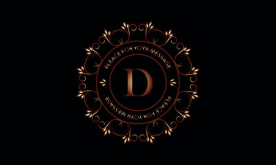 Monogram design template for one or two letters such as D with space for text in a circle. Logo identity for restaurant, hotel, heraldry, jewelry.