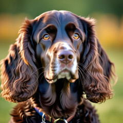 Portrait of American Water Spaniel with the nature landscape on background.