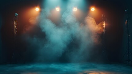 Obraz premium Empty stage with spotlights and smoke banner background with copy space