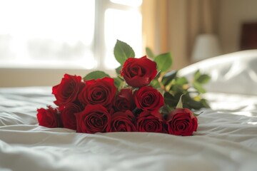 A bouquet of red roses on a white bed, a gift for love. AI generated.