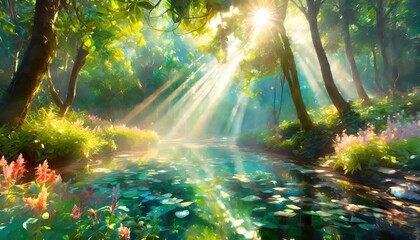 enchanting forest scenes where rays of sunlight majestically filter through the foliage, casting a magical glow upon the surroundings