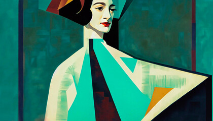 The of a angular woman in green dress cubist dark cinematic portrait geometric art deco painti - obrazy, fototapety, plakaty