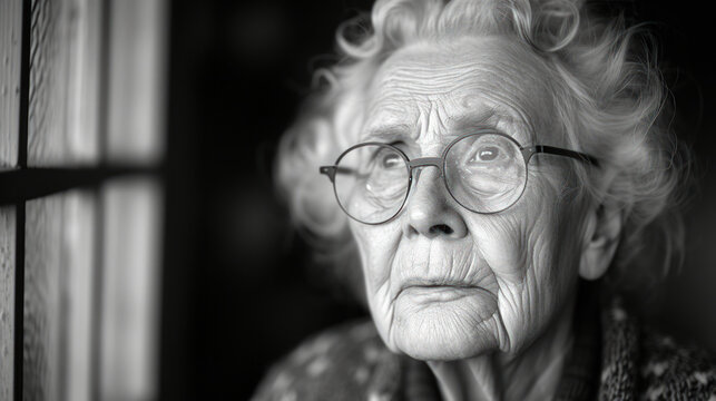 A Black and White Photo of an Elderly Woman Gazing Out of Window