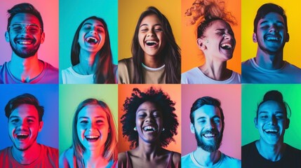 group of young people smiling on a background of different neon colors in a studio in high resolution and high quality. concept happy young people of different ethnicities and cultures and regions hd