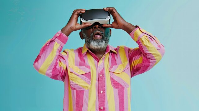 African American Man using Vr Virtual Reality Headset on pastel Blue background. generative AI image