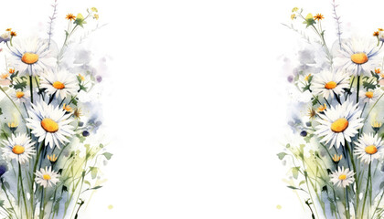 Obraz premium Gentle white floral card with watercolor drawing of wild chamomile flowers. Wedding invitation or congratulation. Floral background with copy space on white. Watercolor floral frame. Generated AI.