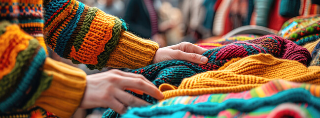 Close-up of the hands of a woman in a warm knitted sweater on the street market