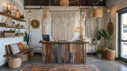 Boho chic reception front desk design with macrame wall hangings and eclectic furnishings