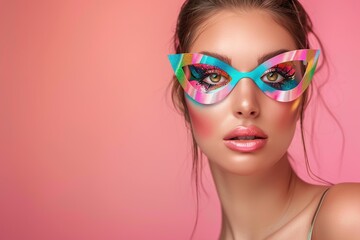 Portrait of beautiful woman in colorful eye mask. Carnival mask