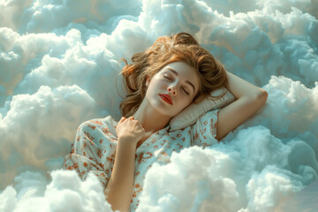Beautiful woman is sleeping on the cloud in pajamas 02