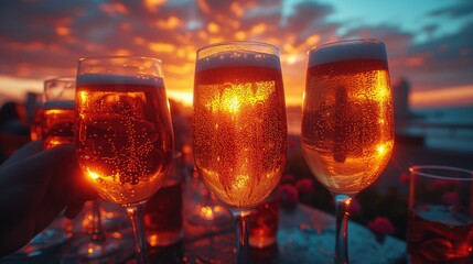 Sunset Toast. As the sun sets, the group of friends gathers on the rooftop, raising their glasses in a toast to friendship and success, enjoying the golden hues of the sky