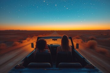 Fototapeta na wymiar The couple drives to a remote location away from city lights in their convertible, laying back in the car with the top down to admire the stars and share intimate moments together.