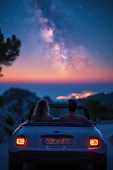 The couple drives to a remote location away from city lights in their convertible, laying back in the car with the top down to admire the stars and share intimate moments together.