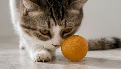Fototapeta na wymiar a cat plays with a small orange on a marble surface
