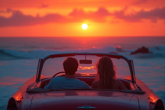 Couple at Sunset Cruise: They take a leisurely cruise along the coast in their convertible, watching the sun dip below the horizon and painting the sky with vibrant colors