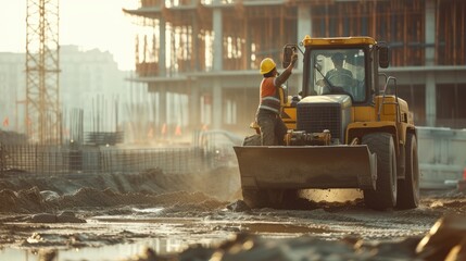 A man is operating a bulldozer at a construction site, shaping the soil for building a house in the city. AIG41 - obrazy, fototapety, plakaty