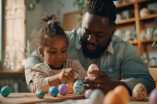 a cute father and daughter decorating easter eggs at home
