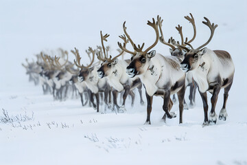 Arctic Elegance: Reindeer Herd Gracefully Roaming a Winter Wonderland