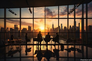 Silhouette of business people working together with modern glass office interior background