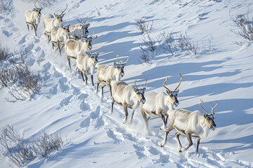 Arctic Elegance: Reindeer Herd Gracefully Roaming a Winter Wonderland