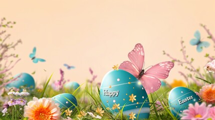 Fototapeta na wymiar Blue easter eggs in grass and butterflies, in the style of light orange and pink, realistic scenery, light beige and yellow, commission for, spectacular backdrops, yellow and pink, canvas texture.